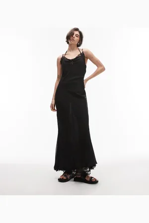 SNDYS Vestido largo de tirantes con cuello desbocado y ribete de encaje de