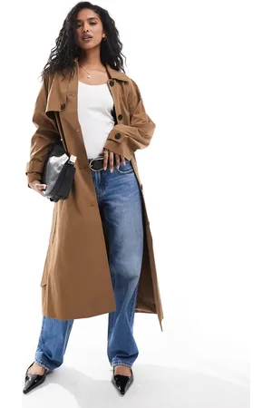 VILA Gabardina color camel oscuro con lazada en la cintura y detalle de botones en la parte delantera de -Blanco