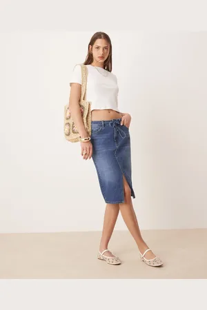 JDY Falda de tubo vaquero azul medio de talle bajo de