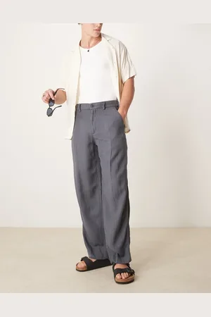 Abercrombie & Fitch Pantalones de sastre grises holgados con raya diplomática de mezcla de lino de
