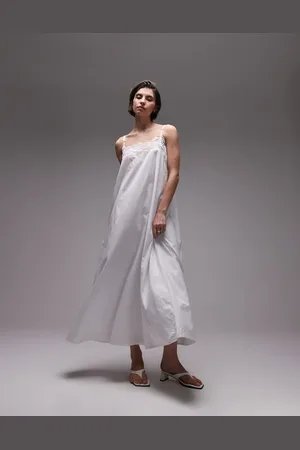 SNDYS Vestido largo de tirantes y corte trapecio con ribete de encaje floral de