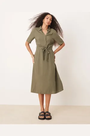 JDY Vestido camisero midi de mezcla de lino de -Verde