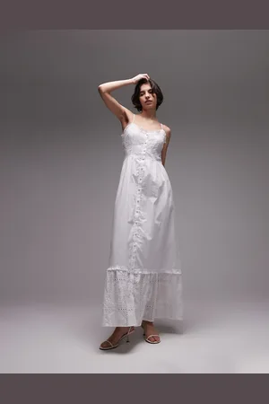 SNDYS Vestido largo abotonado de tirantes con diseño bordado y volantes en los bordes de