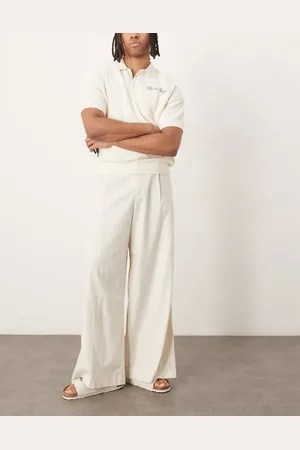 ASOS Pantalones de vestir blancos de pernera muy ancha con pinzas delanteras de mezcla de lino de