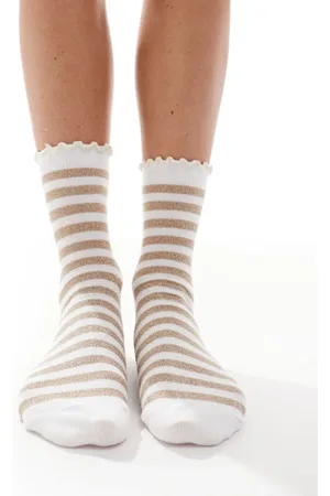 VERO MODA Calcetines blancos y dorados a rayas con volante y acabado de purpurina de