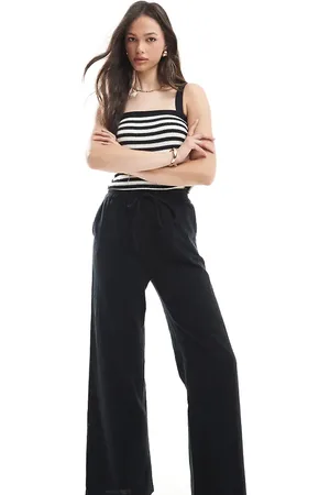 ONLY Pantalones negros de pernera ancha de tejido efecto lino de