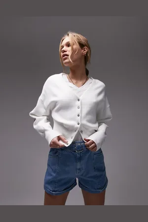 Topshop Cárdigan blanco con cuello de pico y cintura entallada de punto compacto de