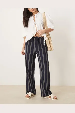 VILA Pantalones a rayas de pernera ancha con lazada en la cintura de tejido efecto lino de