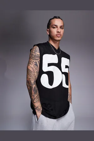 ASOS Camiseta negra extragrande sin mangas con gráfico deportivo de malla de