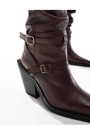 ASOS Botas por encima de la rodilla burdeos fruncidas de cuero con hebillas Kingfisher de -Rojo
