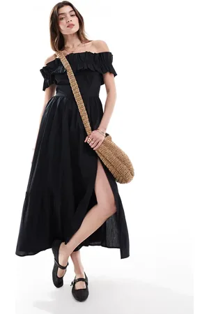 Abercrombie & Fitch Vestido midi negro con escote Bardot y volantes de