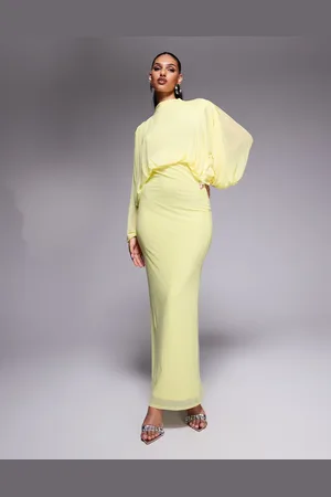 ASOS Vestido largo limón con parte de arriba drapeada estilo blusón de manga larga y falda fruncida de malla de