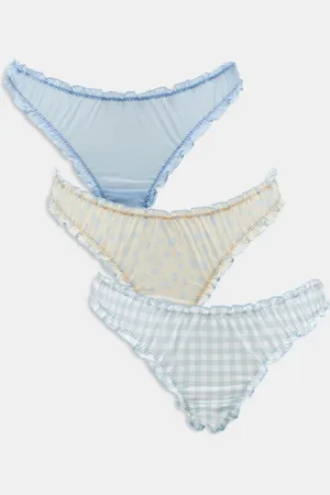 ASOS Pack de 3 tangas de color amarillo con estampado de florecitas y cuadros vichy azules fruncidos de malla de