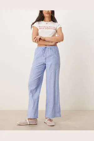 Gina Tricot Pantalones azules a rayas blancas de pernera ancha con cordón ajustable en la cintura de mezcla de lino de -Azul marino