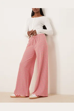 Gina Tricot Pantalones rojos y blancos a rayas de pernera ancha con cordón ajustable en la cintura de punto muy suave de