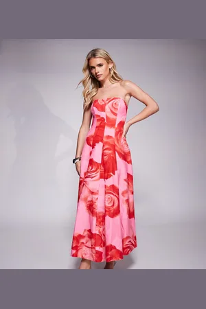 Forever New Vestido largo rosa luminoso estructurado con estampado de rosas y bolsillos de