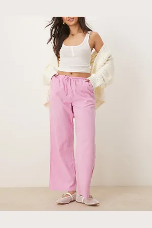 Gina Tricot Pantalones rosas de pernera ancha con cordón ajustable en la cintura de mezcla de lino de