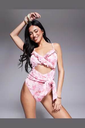 River Island Bañador cruzado con estampado de florecitas y bordado inglés de
