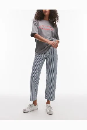 Topshop Pantalones capri azules a rayas de talle medio y pernera recta de