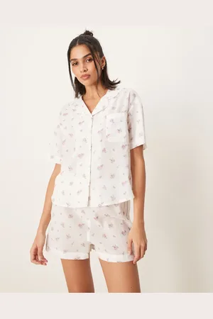 Luna Pijama con estampado floral de top de manga corta con solapas y pantalones cortos de bambula de