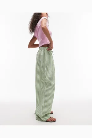 Topshop Pantalones verdes a rayas de pernera ancha sin cierres de popelina de