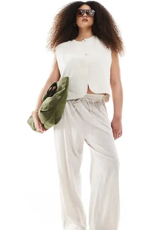 ONLY Pantalones beis sin cierres de mezcla de lino de -Neutro