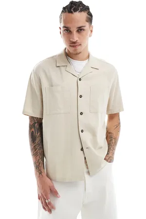 New Look Camisa blanco hueso de corte cuadrado con dos bolsillos de mezcla de lino de -Neutro