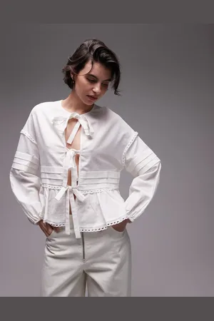 SNDYS Blusa blanca con mangas globo y lazadas delanteras de mezcla de lino de