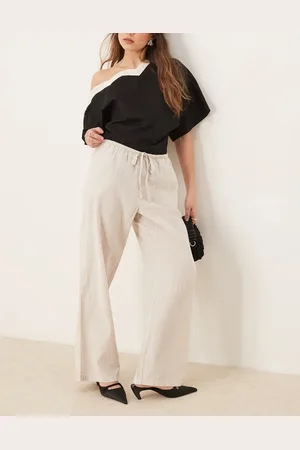 Gina Tricot Pantalones beis de pernera ancha con cordón ajustable en la cintura de mezcla de lino de
