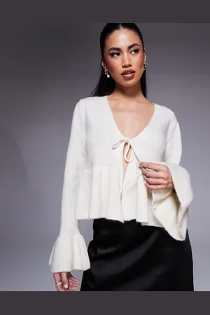 River Island Cárdigan color con lazada delantera y volante de -Blanco