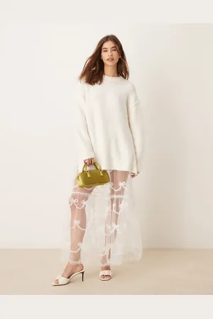Miss Selfridge Falda larga color marfil traslúcida con detalle de lazos de