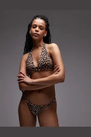 MANGO Top de bikini marrón con cuello halter y estampado de leopardo de