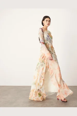 ASOS Vestido largo rosa de corte al bies y manga larga con estampado floral de -Multicolor