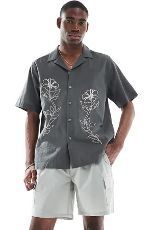 Only & Sons Camisa resort gris con detalle bordado de