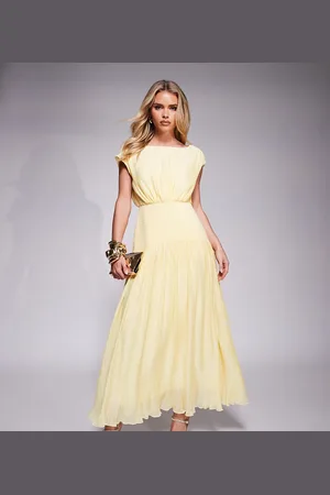 Forever New Vestido largo amarillo con bajo asimétrico de