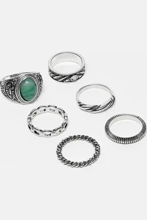 ASOS Pack de 6 anillos plateados con diseño tipo sello, de cadena y con piedra jade de imitación de