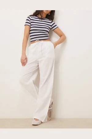 Gina Tricot Pantalones blancos de pernera ancha con cordón ajustable en la cintura de mezcla de lino de
