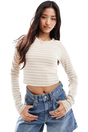 JJXX Camiseta corta beis a rayas de manga larga de canalé Feline de -Beis neutro