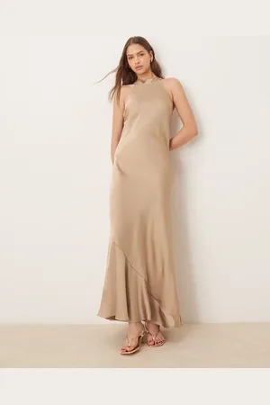 VILA Vestido largo beis con cuello halter de satén liso de -Neutro