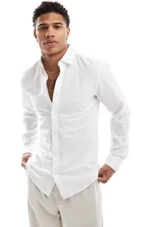 Only & Sons Camisa blanca de manga larga y corte slim de mezcla de lino de
