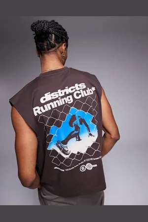 ASOS Camiseta marrón sin mangas de corte cuadrado extragrande con estampado gráfico deportivo de