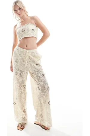 River Island Pantalones color crema claro de croché de (parte de un conjunto)-Marrón