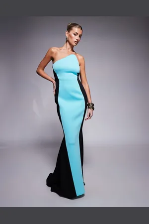 ASOS Vestido largo y azul con diseño color block y escote palabra de honor de tejido efecto neopreno premium de