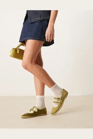 ASOS Bailarinas verdes estilo merceditas con dos correas de mezcla de satén Lumina de