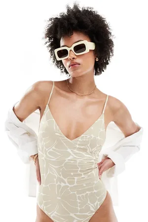 ASOS Bañador beis con parte delantera de pico y estampado floral de Tall-Blanco