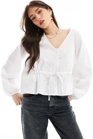 ASOS Blusa blanca con mangas cocoon y cordón ajustable en la cintura de popelina de