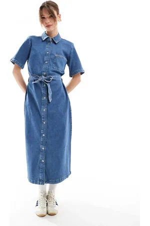 ONLY Vestido vaquero midi con lavado y lazada en la cintura de