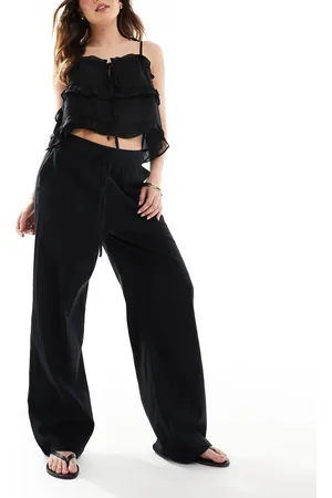 ONLY Pantalones negros de pernera ancha de tejido efecto lino de