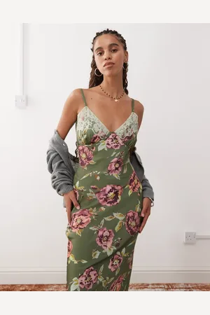 Reclaimed Vestido largo verde oscuro de tirantes con estampado floral de