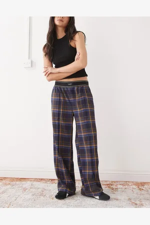 Monki Pantalones a cuadros azules de pernera ancha con cinturilla estilo bóxer de